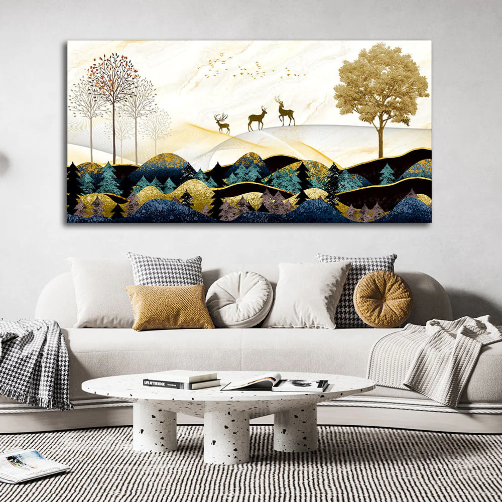 Abstract Golden Landscape Trees with Golden Deer Canvas Wall Painting - Image 2
