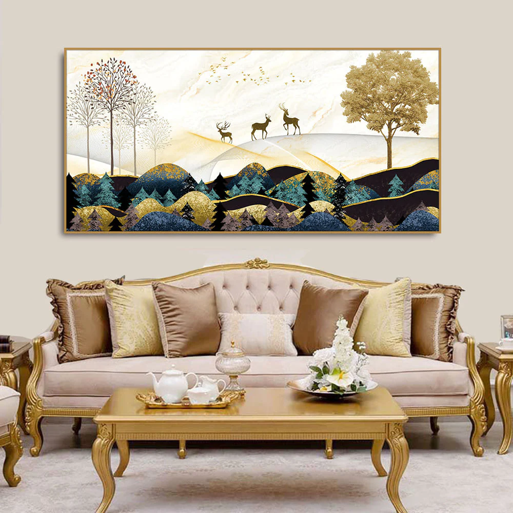 Abstract Golden Landscape Trees with Golden Deer Canvas Wall Painting - Image 3