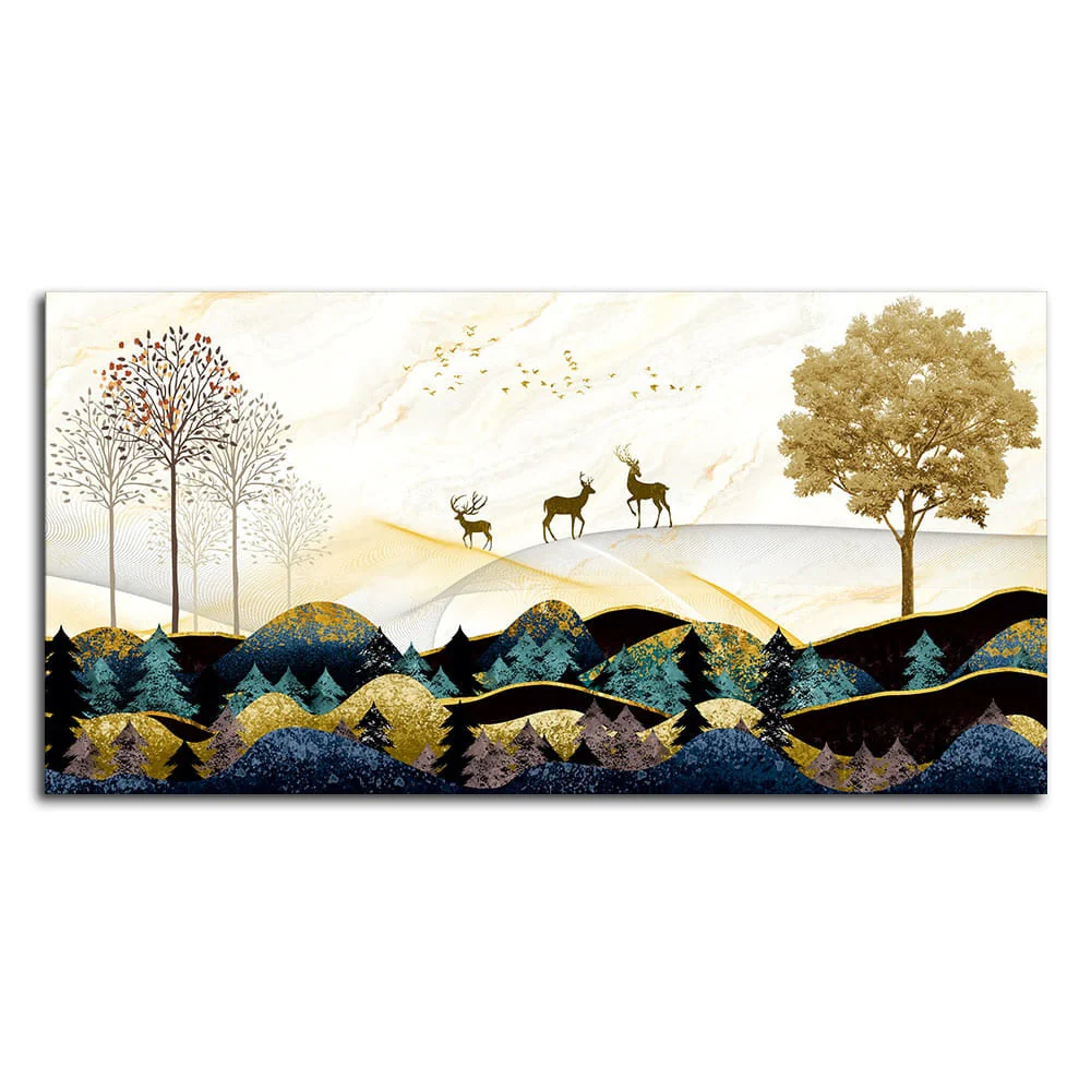Abstract Golden Landscape Trees with Golden Deer Canvas Wall Painting - Image 4