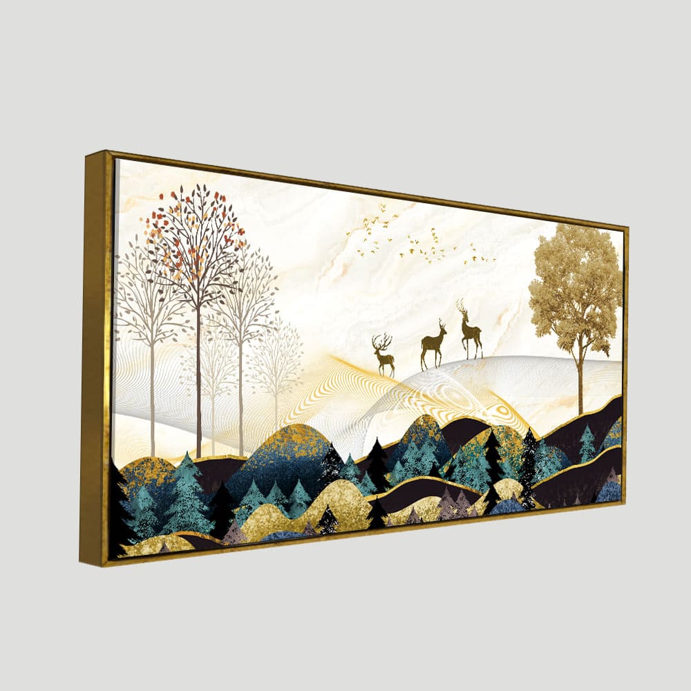 Abstract Golden Landscape Trees with Golden Deer Canvas Wall Painting - Image 5