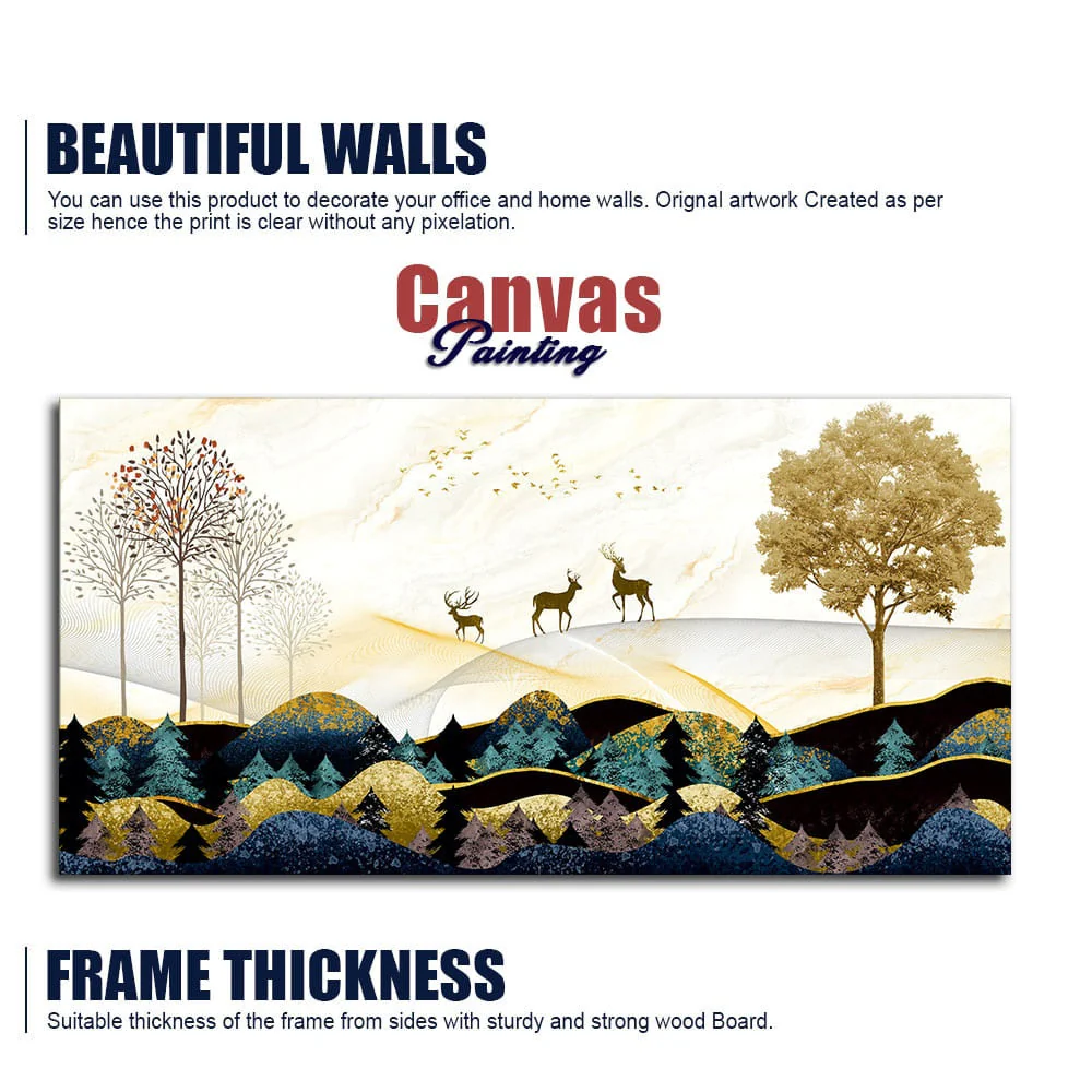 Abstract Golden Landscape Trees with Golden Deer Canvas Wall Painting - Image 6