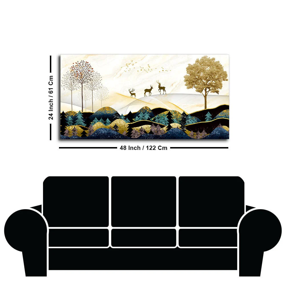 Abstract Golden Landscape Trees with Golden Deer Canvas Wall Painting - Image 7