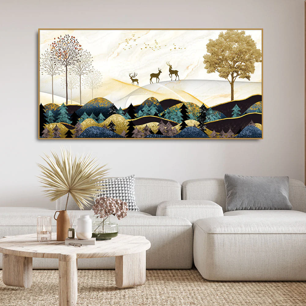 Abstract Golden Landscape Trees with Golden Deer Canvas Wall Painting - Image 8
