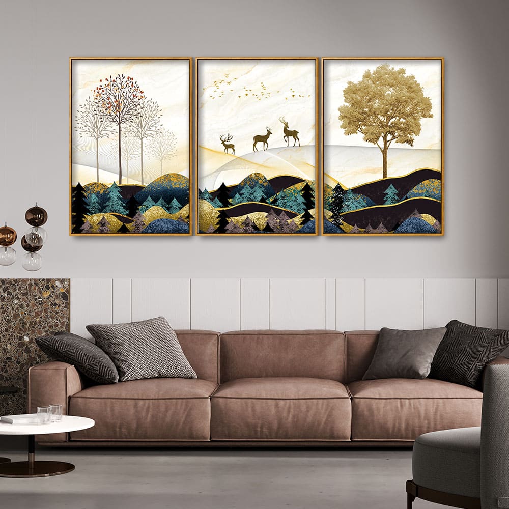 Abstract Golden Landscape Trees with Golden Deer Floating Canvas Wall Painting Set of Three - Image 2