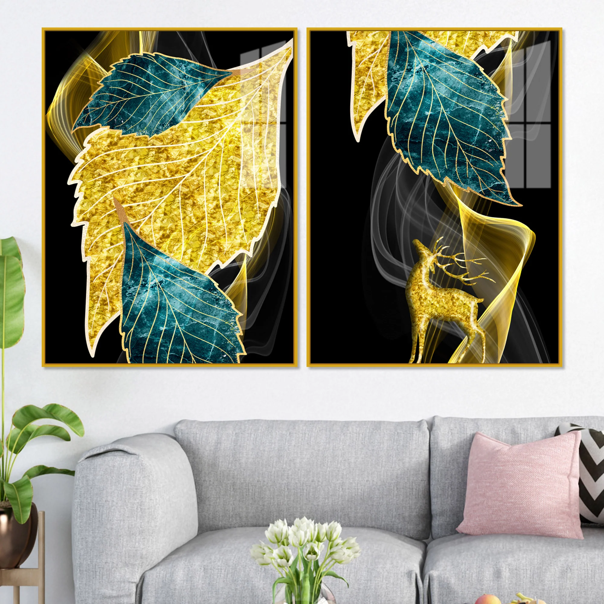 Abstract Golden Leaves Feathers Acrylic Floating Wall Painting Set Of 2 - Image 2