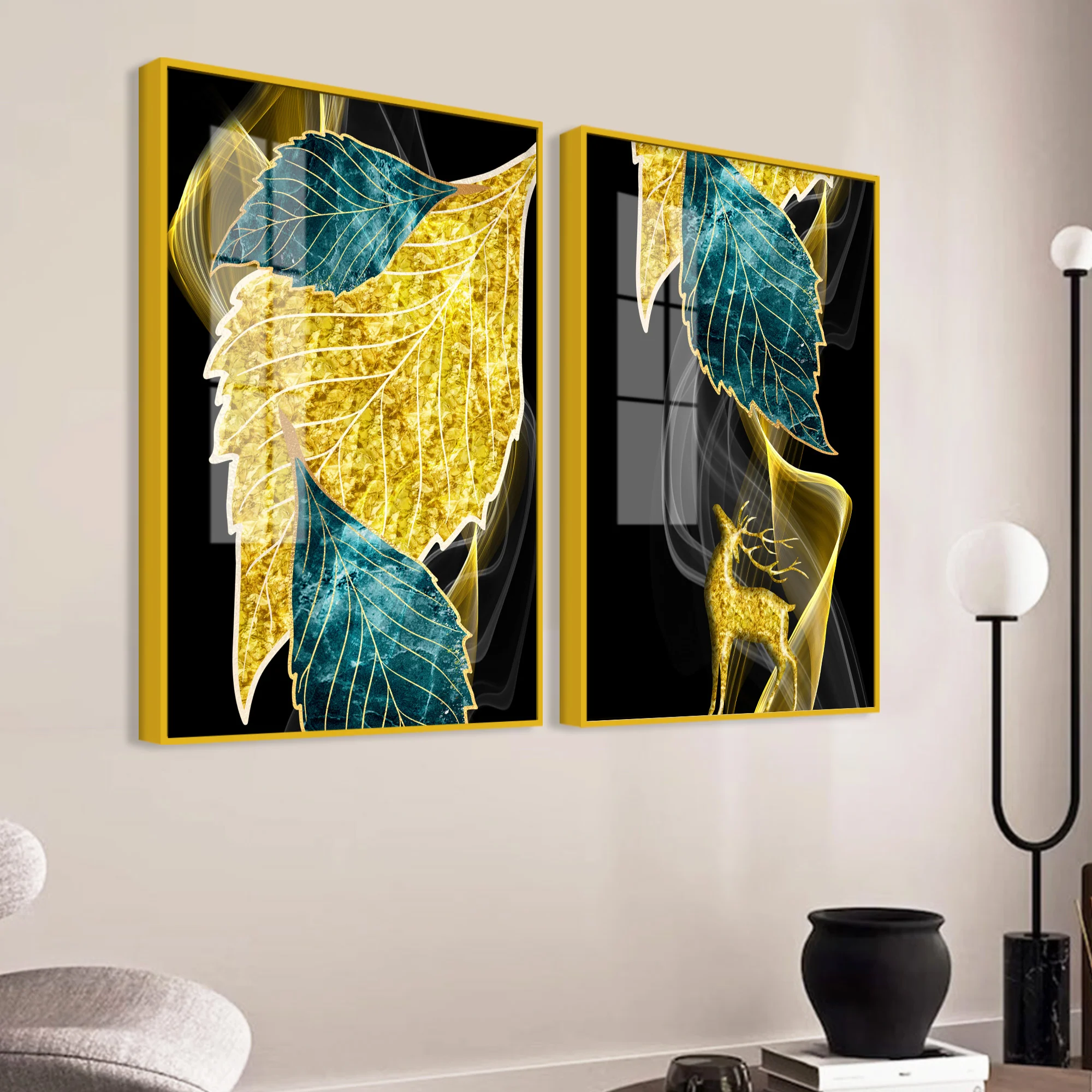 Abstract Golden Leaves Feathers Acrylic Floating Wall Painting Set Of 2 - Image 3