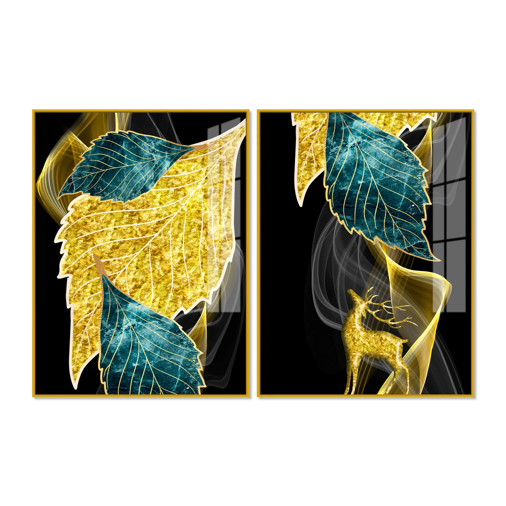 Abstract Golden Leaves Feathers Acrylic Floating Wall Painting Set Of 2 - Image 4