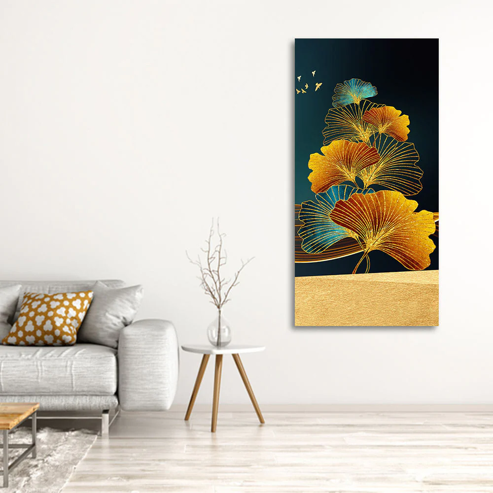 Abstract Golden Plant Leaves Canvas Wall Painting - Image 2