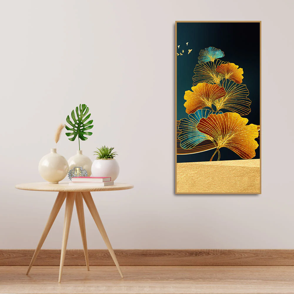 Abstract Golden Plant Leaves Canvas Wall Painting - Image 3