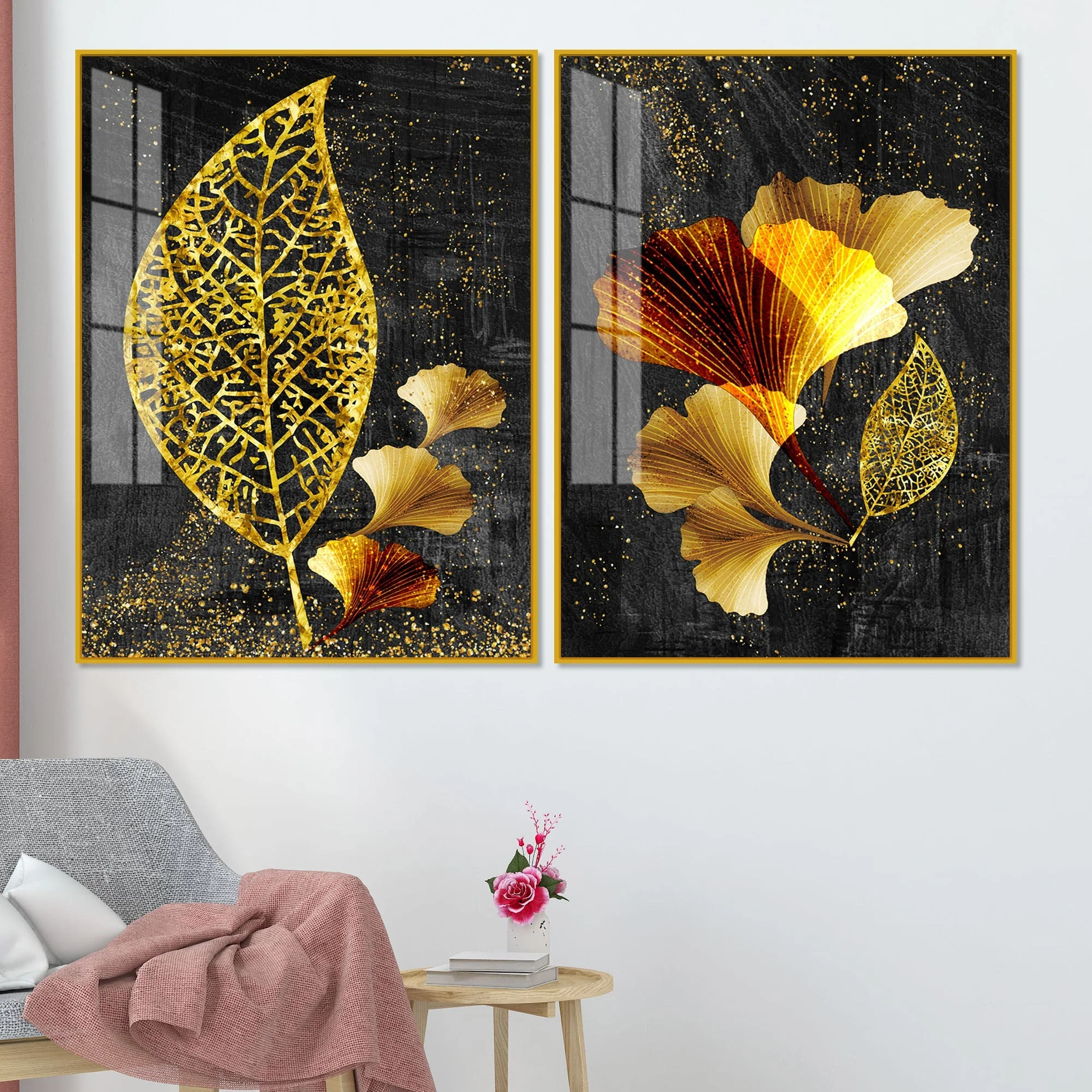 Abstract Golden Shiny Ginkgo Leaf Acrylic Floating Wall Painting Set Of 2 - Image 2