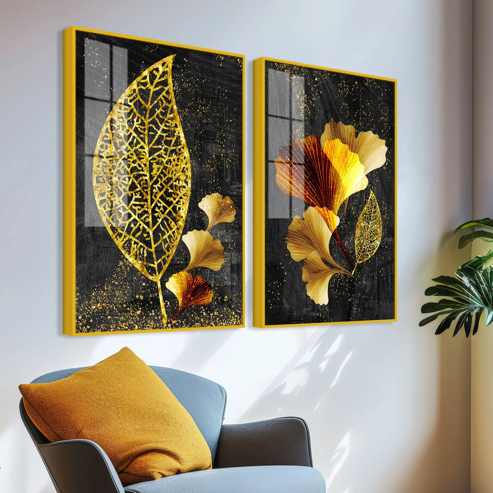Abstract Golden Shiny Ginkgo Leaf Acrylic Floating Wall Painting Set Of 2 - Image 3