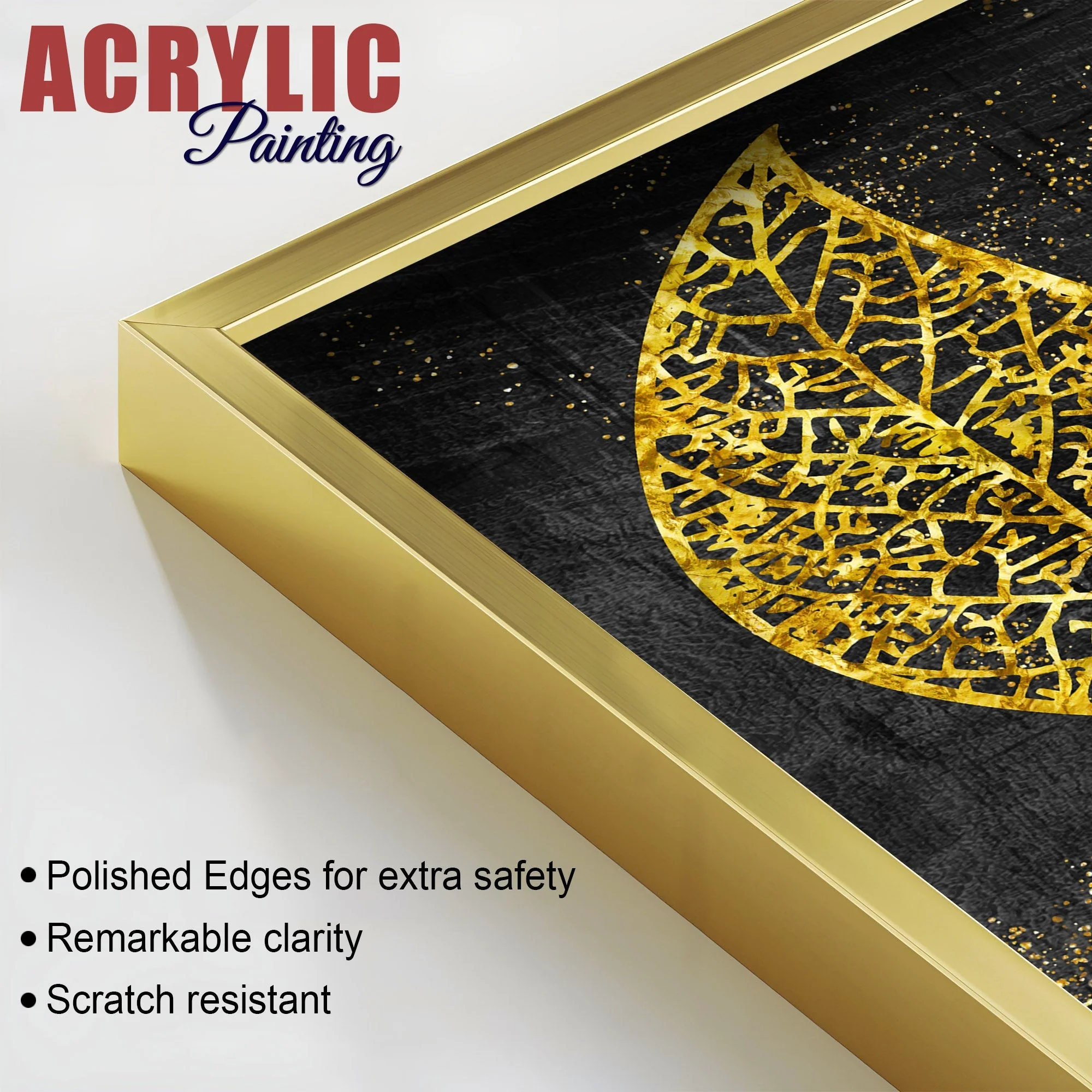 Abstract Golden Shiny Ginkgo Leaf Acrylic Floating Wall Painting Set Of 2 - Image 4