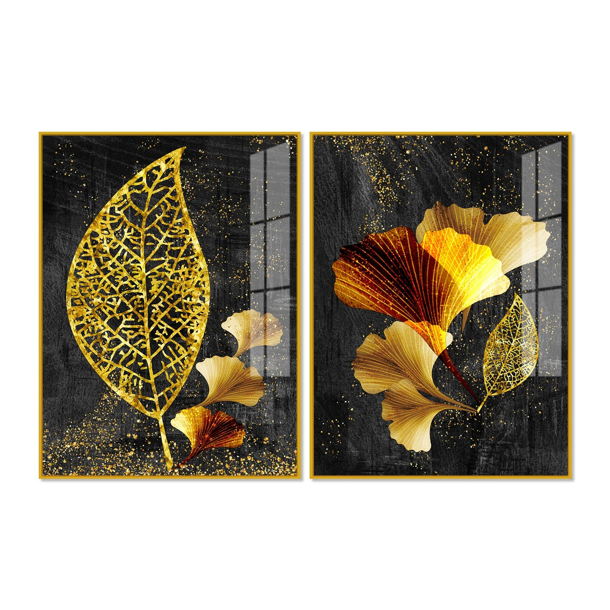 Abstract Golden Shiny Ginkgo Leaf Acrylic Floating Wall Painting Set Of 2 - Image 5