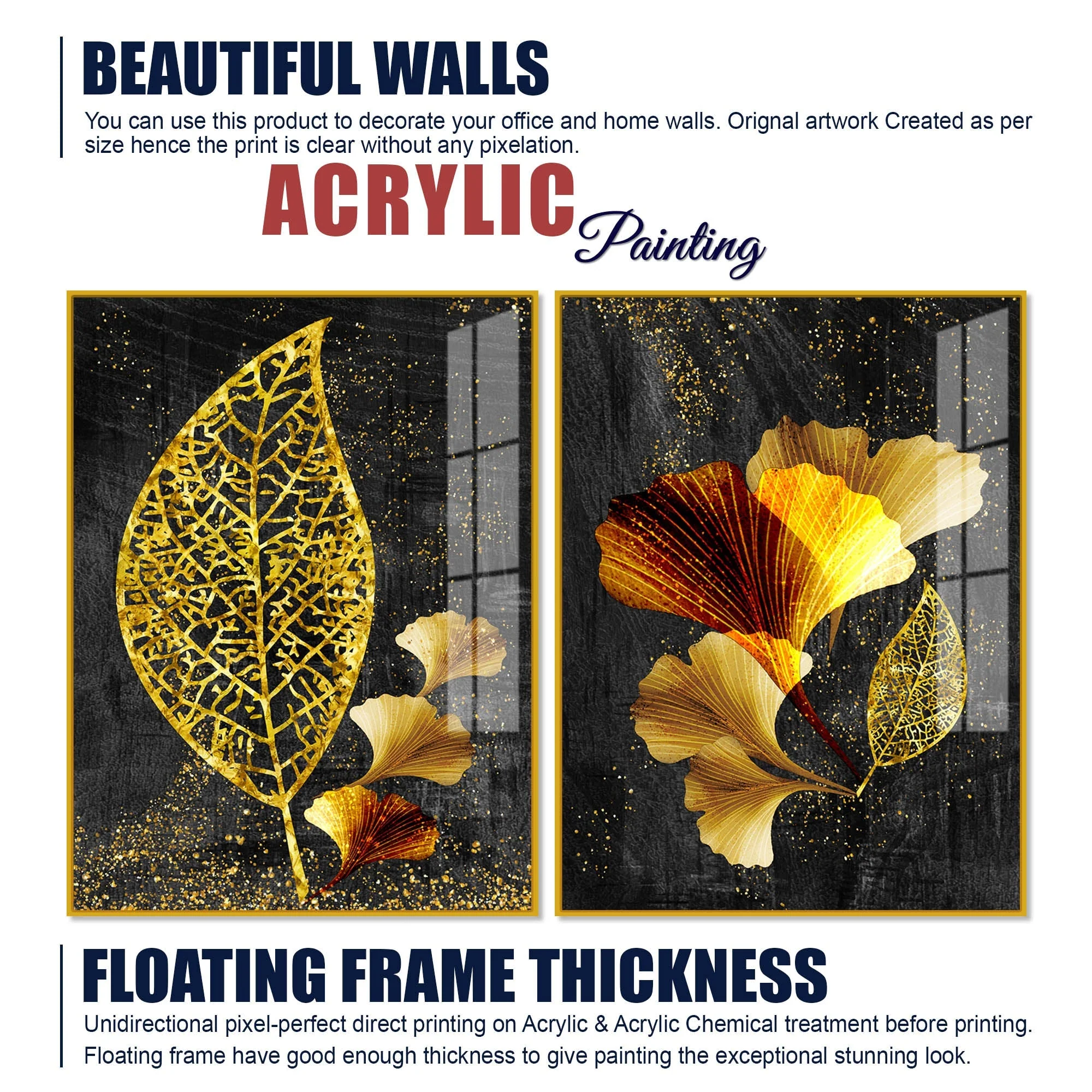 Abstract Golden Shiny Ginkgo Leaf Acrylic Floating Wall Painting Set Of 2 - Image 6