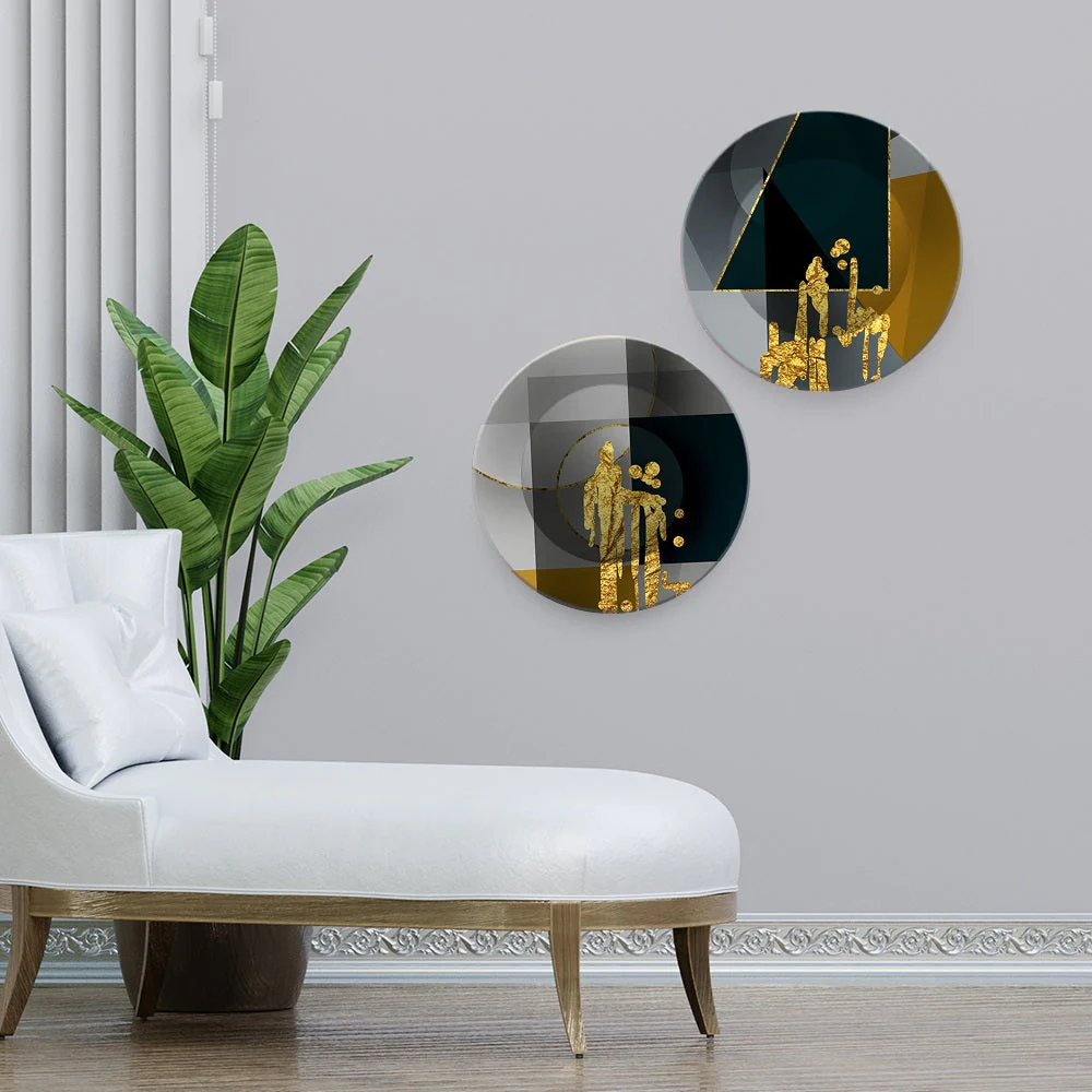 Abstract Golden Textured Art Wall Hanging Plates of Two Pieces - Image 2