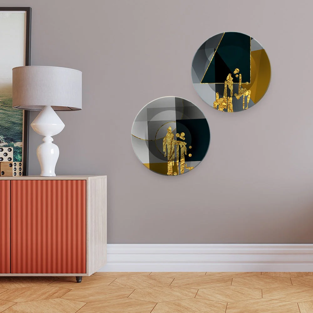 Abstract Golden Textured Art Wall Hanging Plates of Two Pieces - Image 3