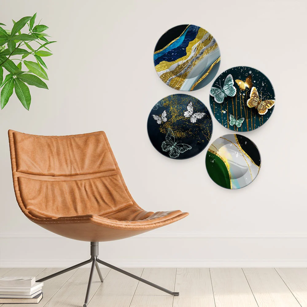 Abstract Golden Textured Art with Butterflies Wall Plates Painting Set of Four - Image 2