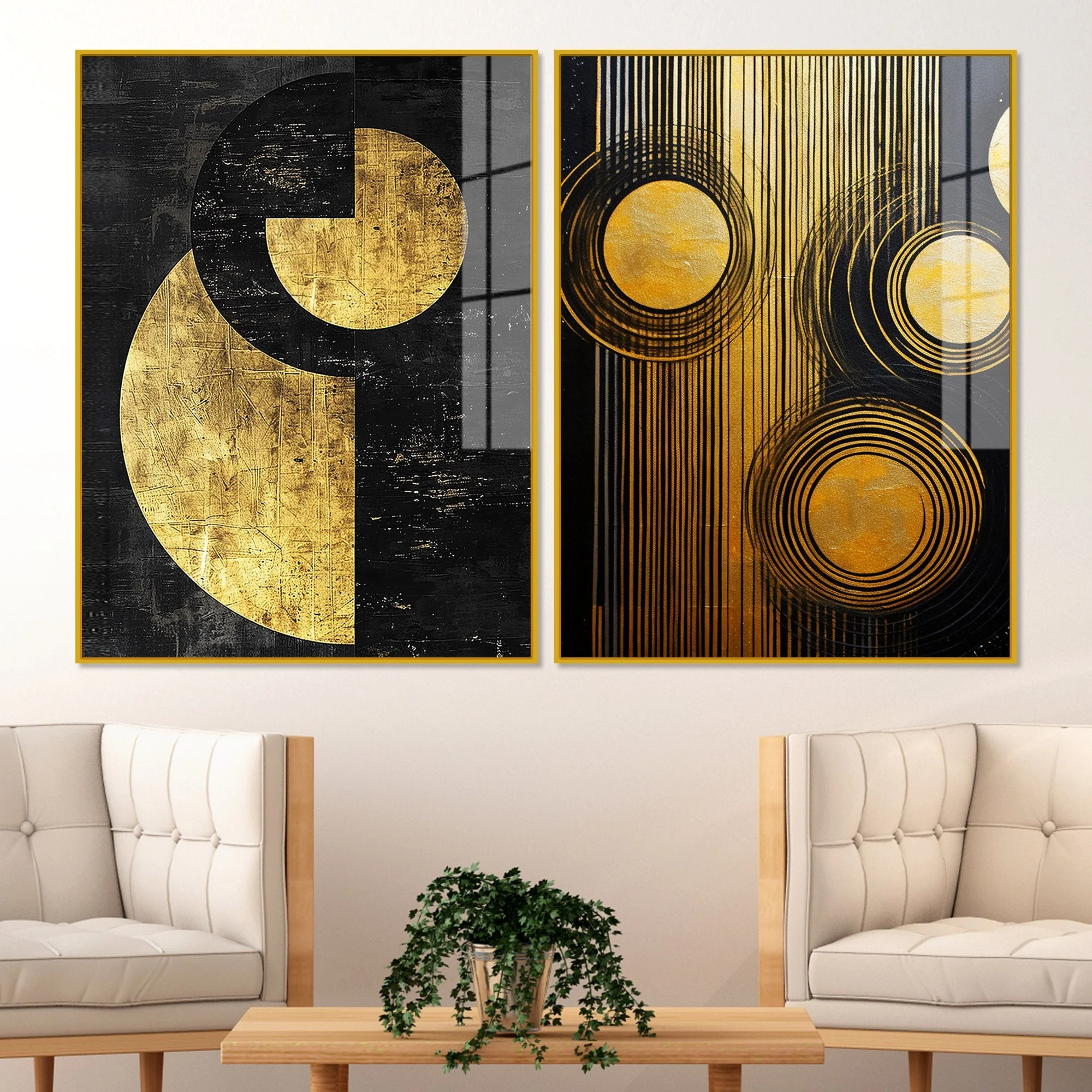 Abstract Golden Textured Line Art Acrylic Floating Wall Painting Set Of 2 - Image 2