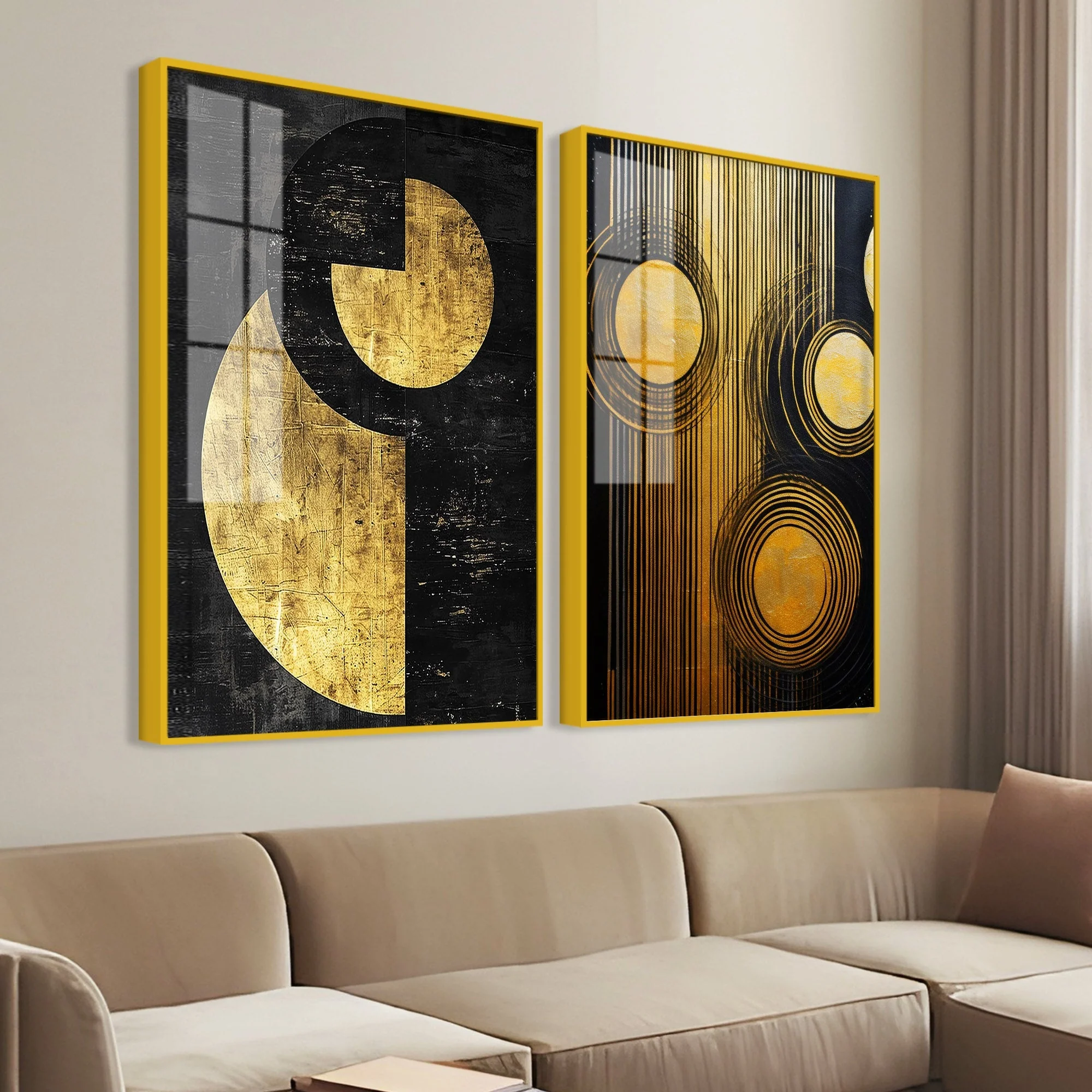 Abstract Golden Textured Line Art Acrylic Floating Wall Painting Set Of 2 - Image 3