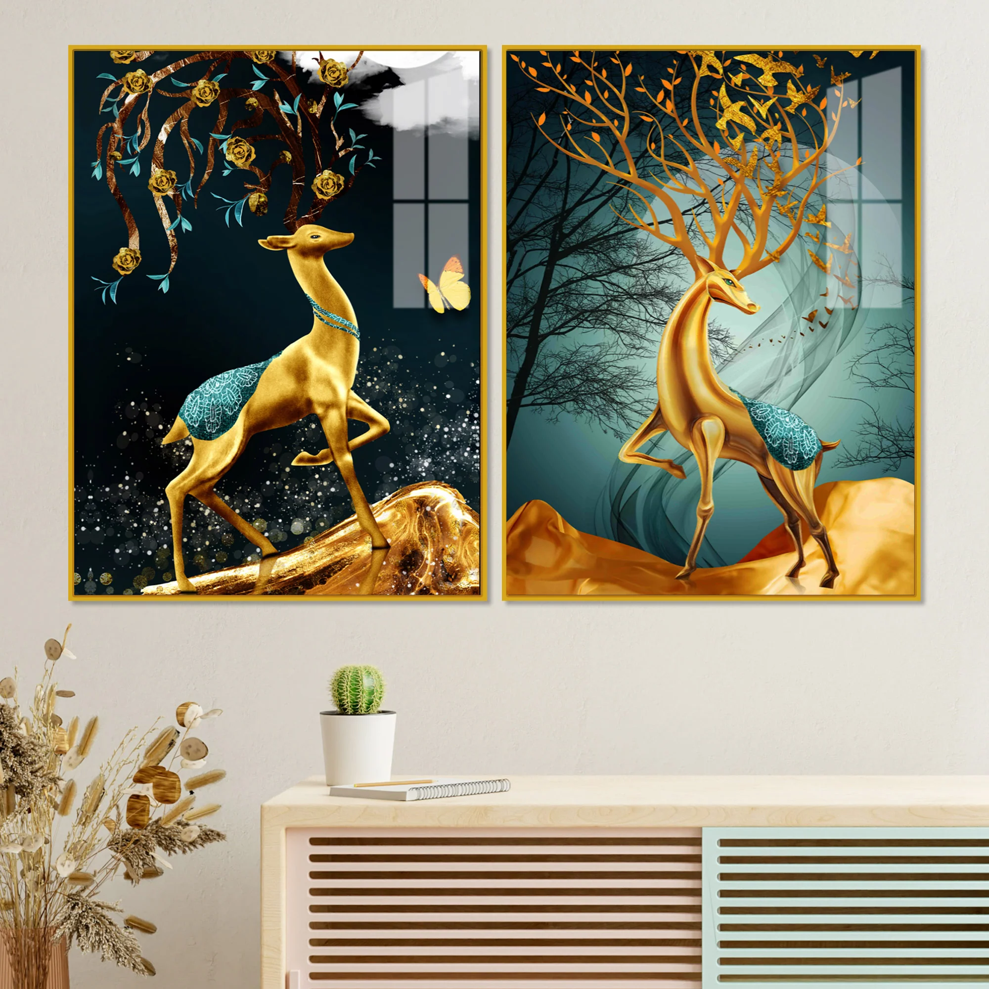 Abstract Luxury Golden Deer Acrylic Art Floating Wall Painting Set Of 2 - Image 2