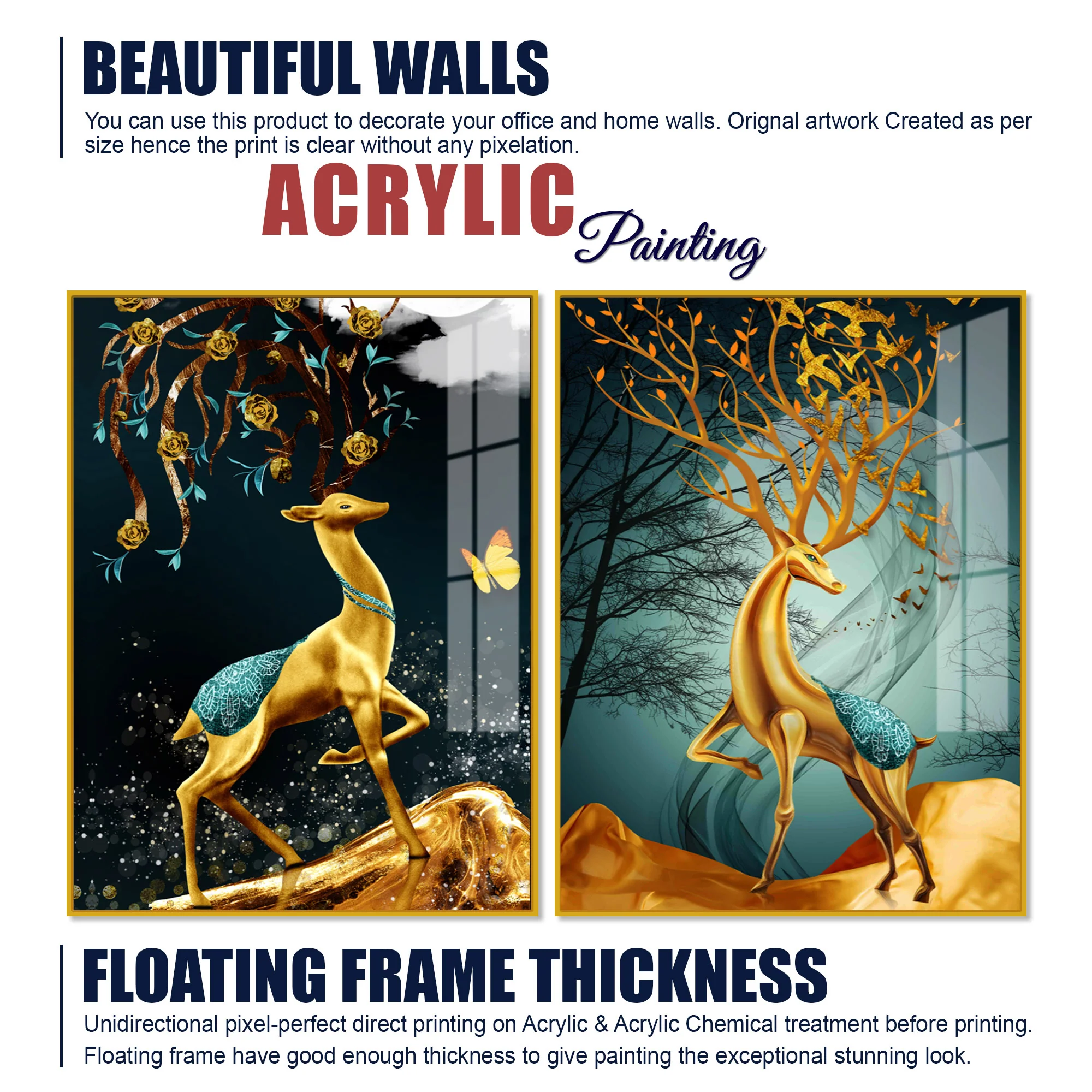 Abstract Luxury Golden Deer Acrylic Art Floating Wall Painting Set Of 2 - Image 5