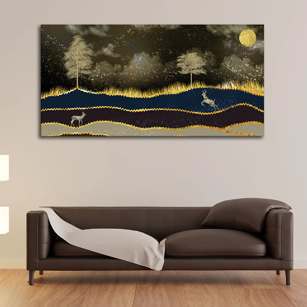 Abstract Midnight Golden Scenery with Deer Canvas Wall Painting - Image 2