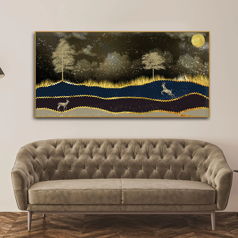 Abstract Midnight Golden Scenery with Deer Canvas Wall Painting - Image 3
