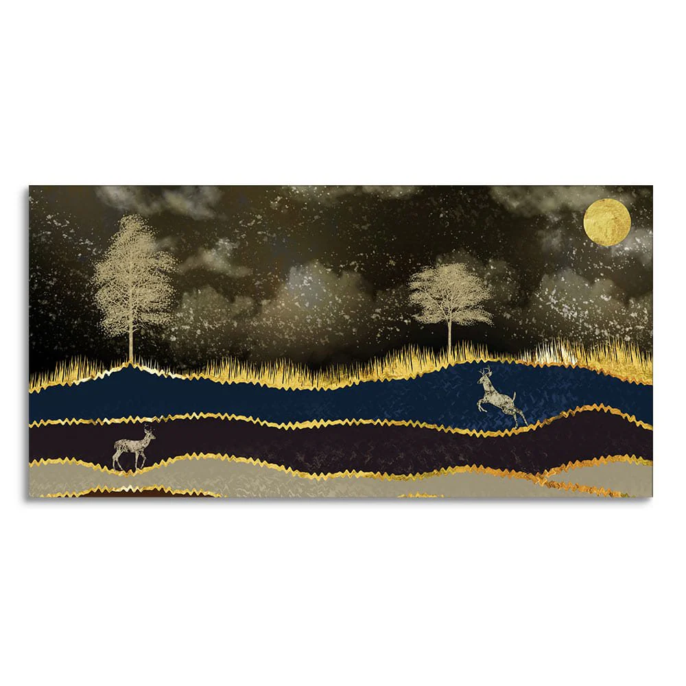 Abstract Midnight Golden Scenery with Deer Canvas Wall Painting - Image 4