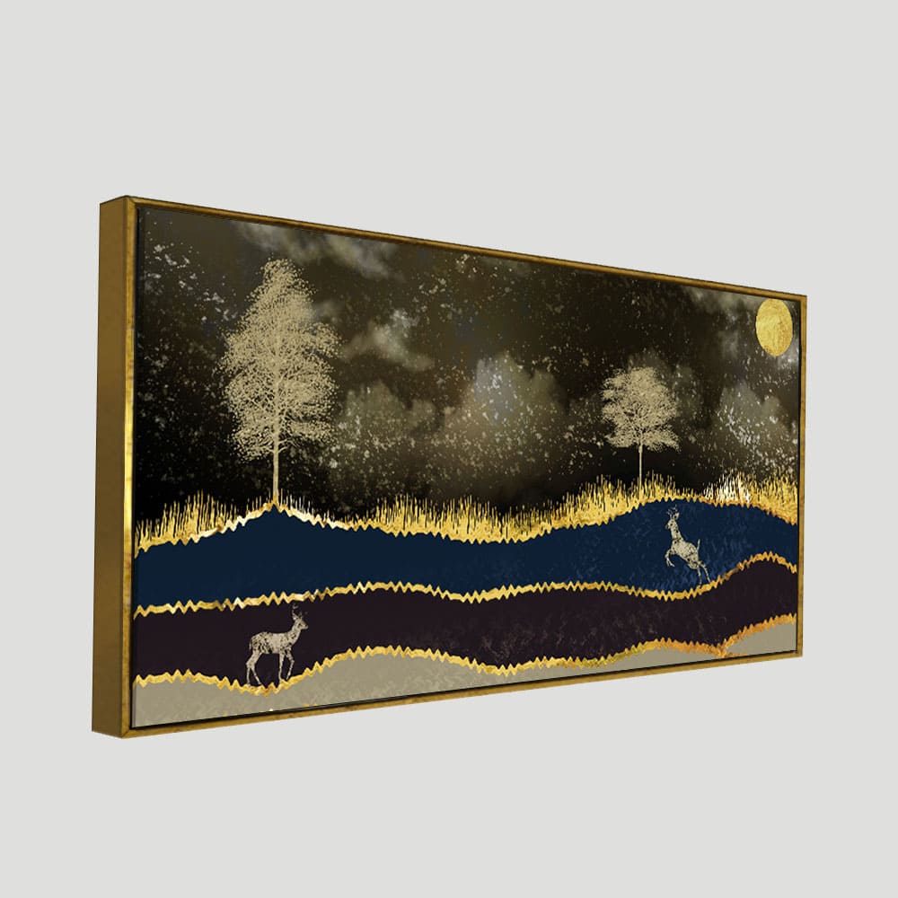 Abstract Midnight Golden Scenery with Deer Canvas Wall Painting - Image 5
