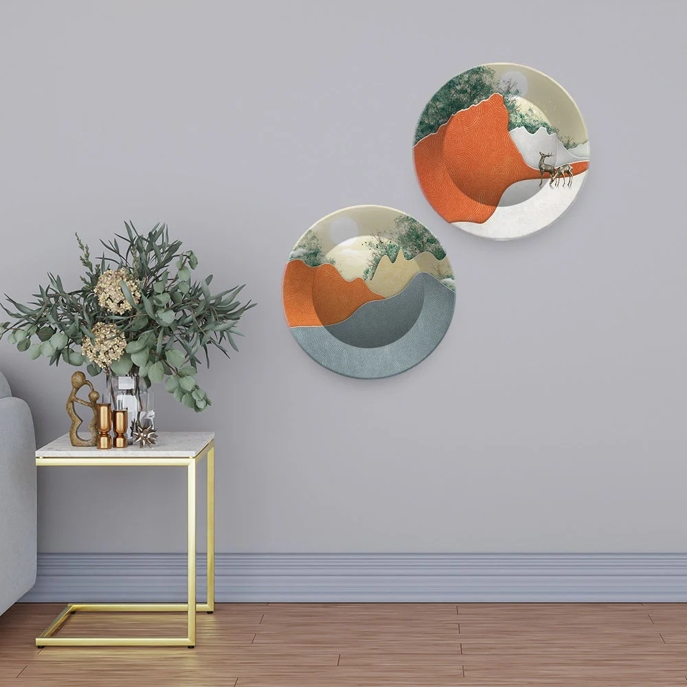 Abstract Mountain Landscape Art with deer Wall Hanging Plates of Two Pieces - Image 2
