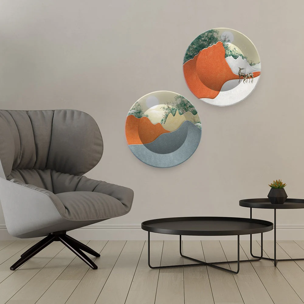 Abstract Mountain Landscape Art with deer Wall Hanging Plates of Two Pieces - Image 3