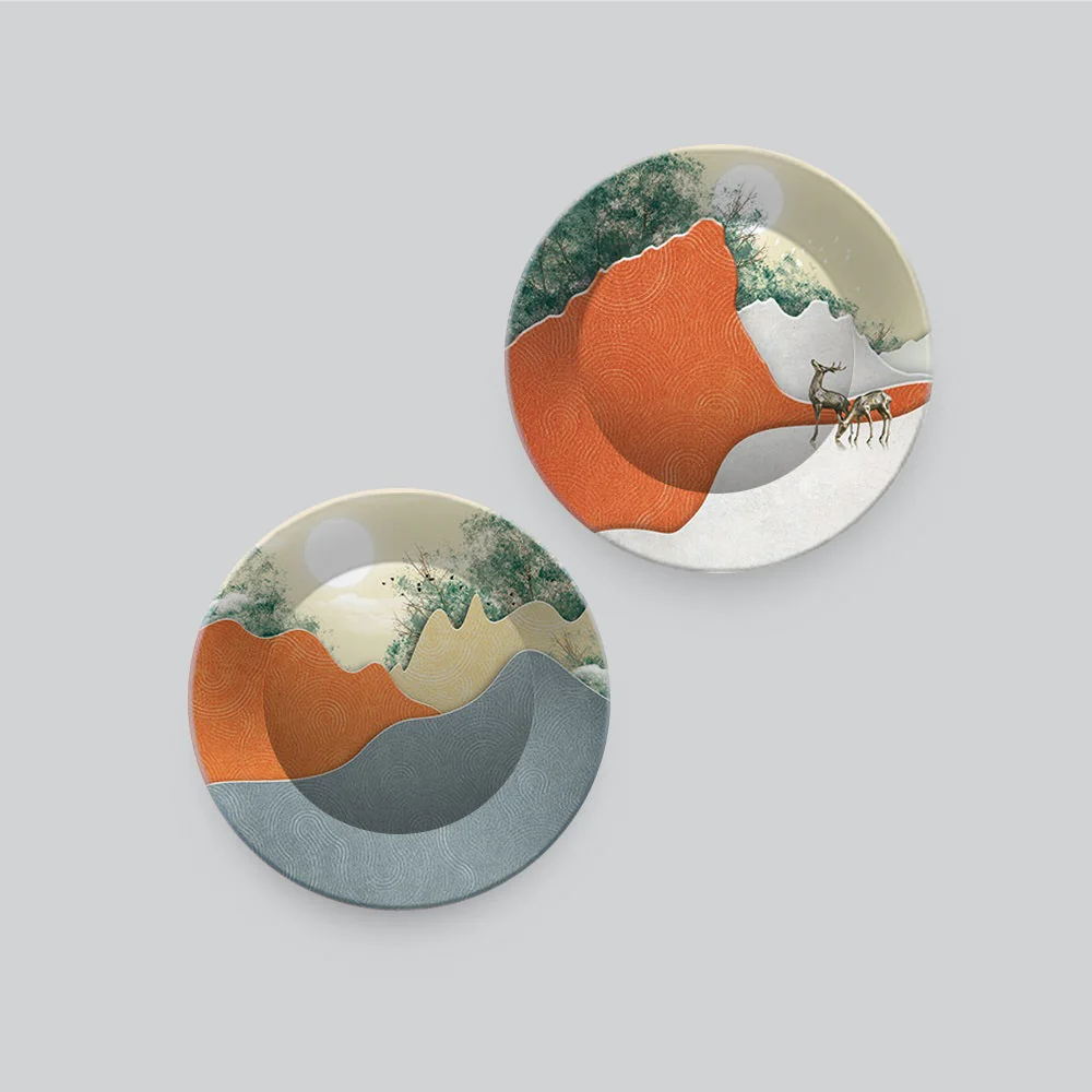 Abstract Mountain Landscape Art with deer Wall Hanging Plates of Two Pieces - Image 4