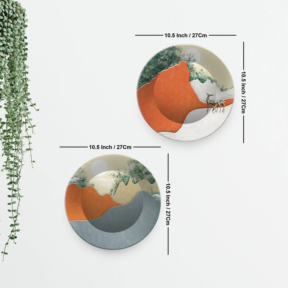 Abstract Mountain Landscape Art with deer Wall Hanging Plates of Two Pieces - Image 7