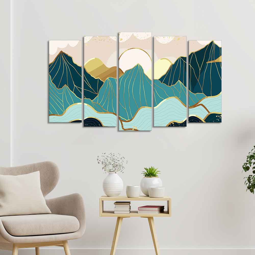 Abstract Mountains with Sunrise Background 5 Pieces Canvas Wall Painting - Image 2