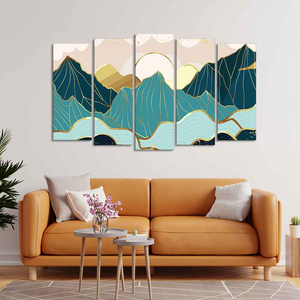 Abstract Mountains with Sunrise Background 5 Pieces Canvas Wall Painting - Image 3