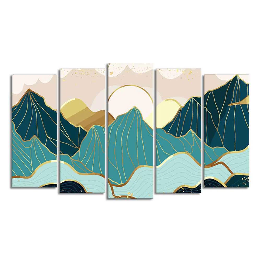 Abstract Mountains with Sunrise Background 5 Pieces Canvas Wall Painting - Image 4