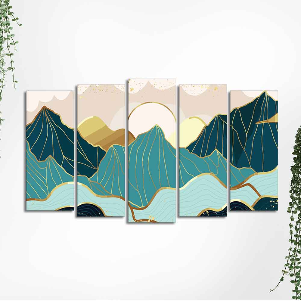 Abstract Mountains with Sunrise Background 5 Pieces Canvas Wall Painting - Image 5