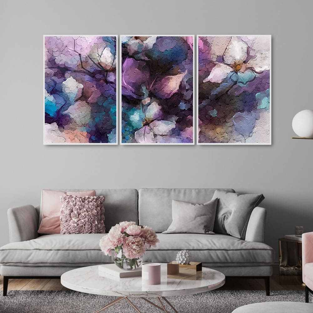 Abstract Purple Ethereal Flora Floating Canvas Wall Painting Set of Three - Image 2
