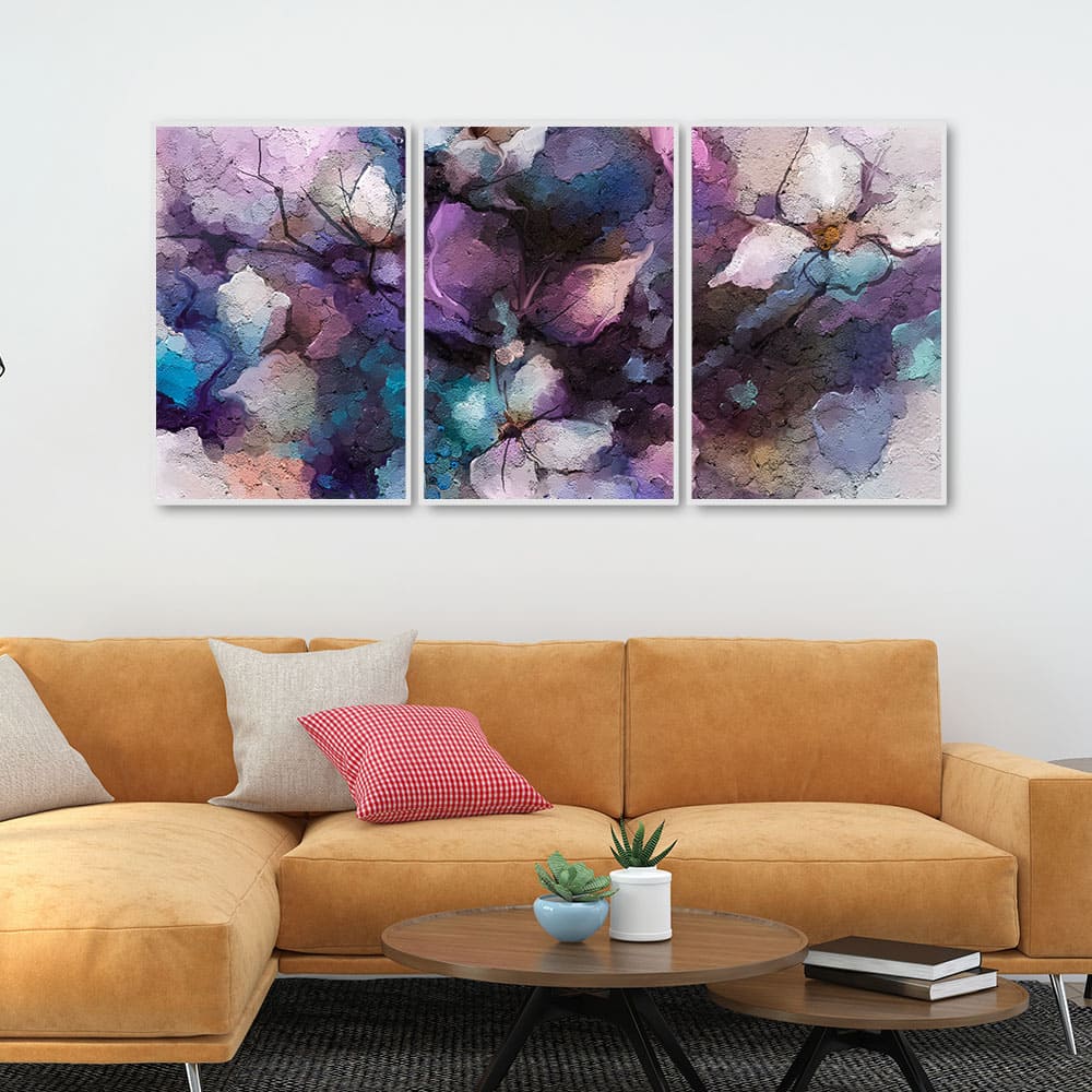 Abstract Purple Ethereal Flora Floating Canvas Wall Painting Set of Three - Image 3