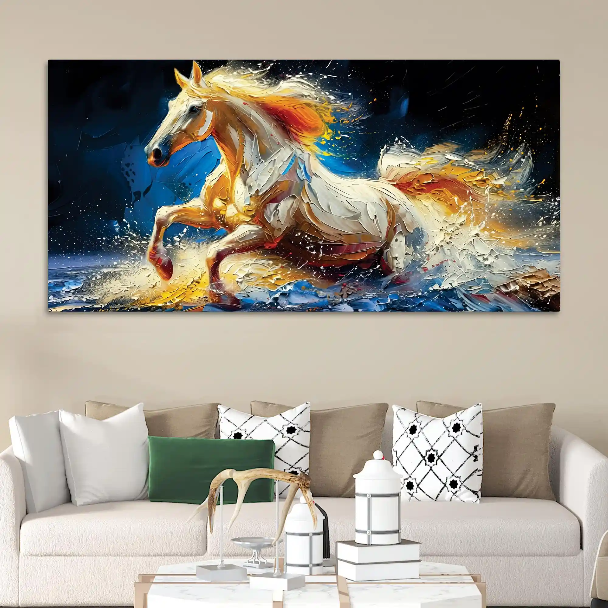 Abstract Running White Horse Canvas Wall Painting - Image 3