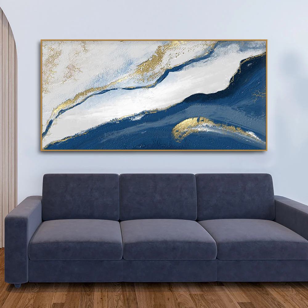 Abstract Seascape Blue and Gold Line art Canvas Wall Painting - Image 3