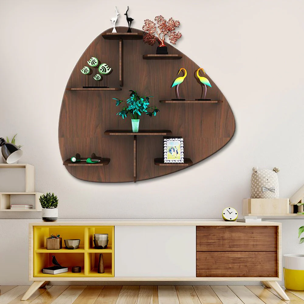 Abstract Shape Backlit Designer Wooden Wall Shelf / Book Shelf / Night Light, Walnut Finish - Image 2