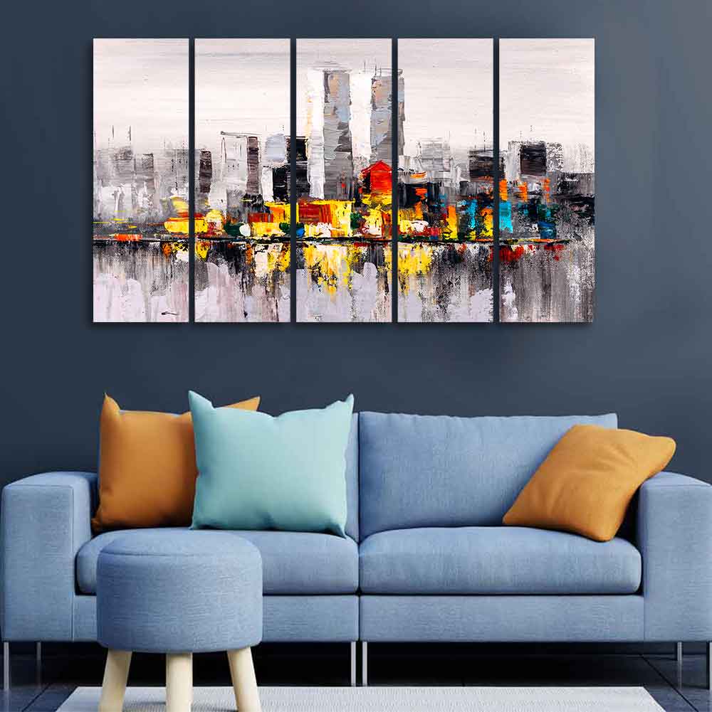 Abstract Wall Painting of A New York City Skyline Five Pieces - Image 3