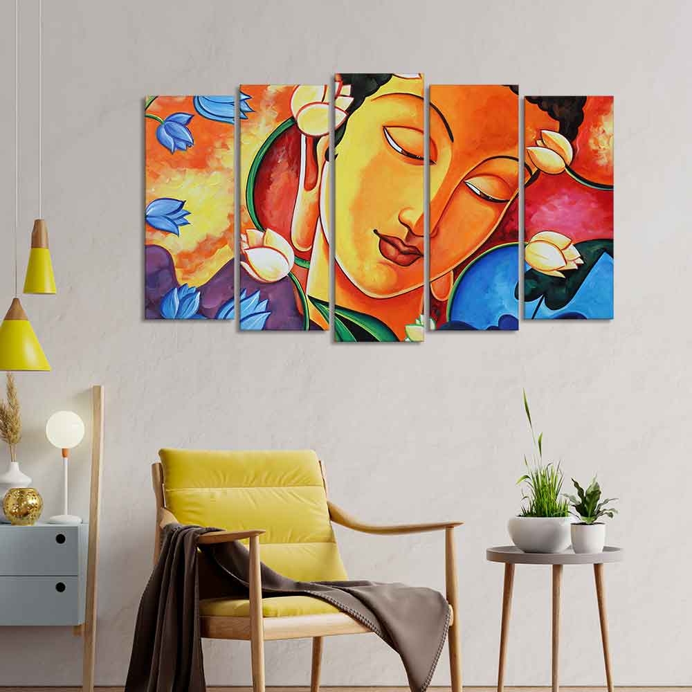 Abstract Wall Painting of Lord Spiritual Buddha Set of Five Pieces - Image 2