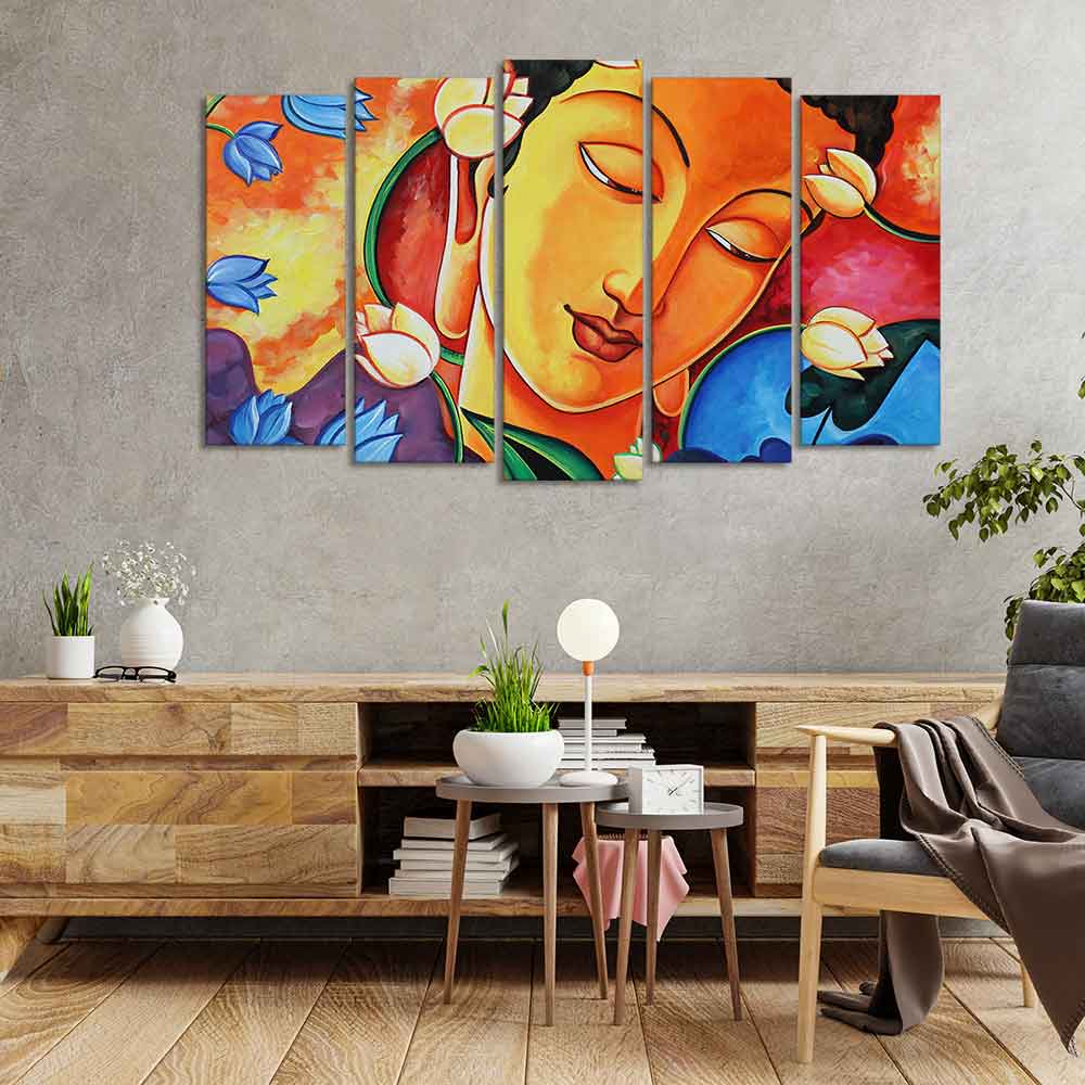 Abstract Wall Painting of Lord Spiritual Buddha Set of Five Pieces - Image 3