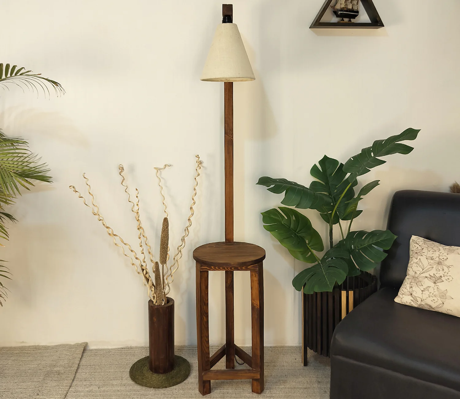 Accent Wooden Floor Lamp with Beige Fabric Lampshade - Image 4