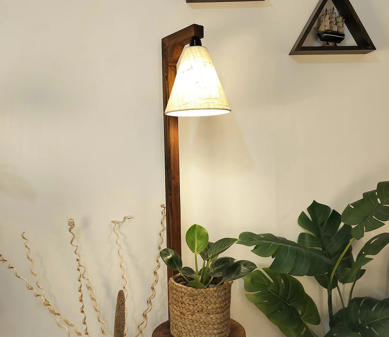 Accent Wooden Floor Lamp with Beige Fabric Lampshade - Image 5