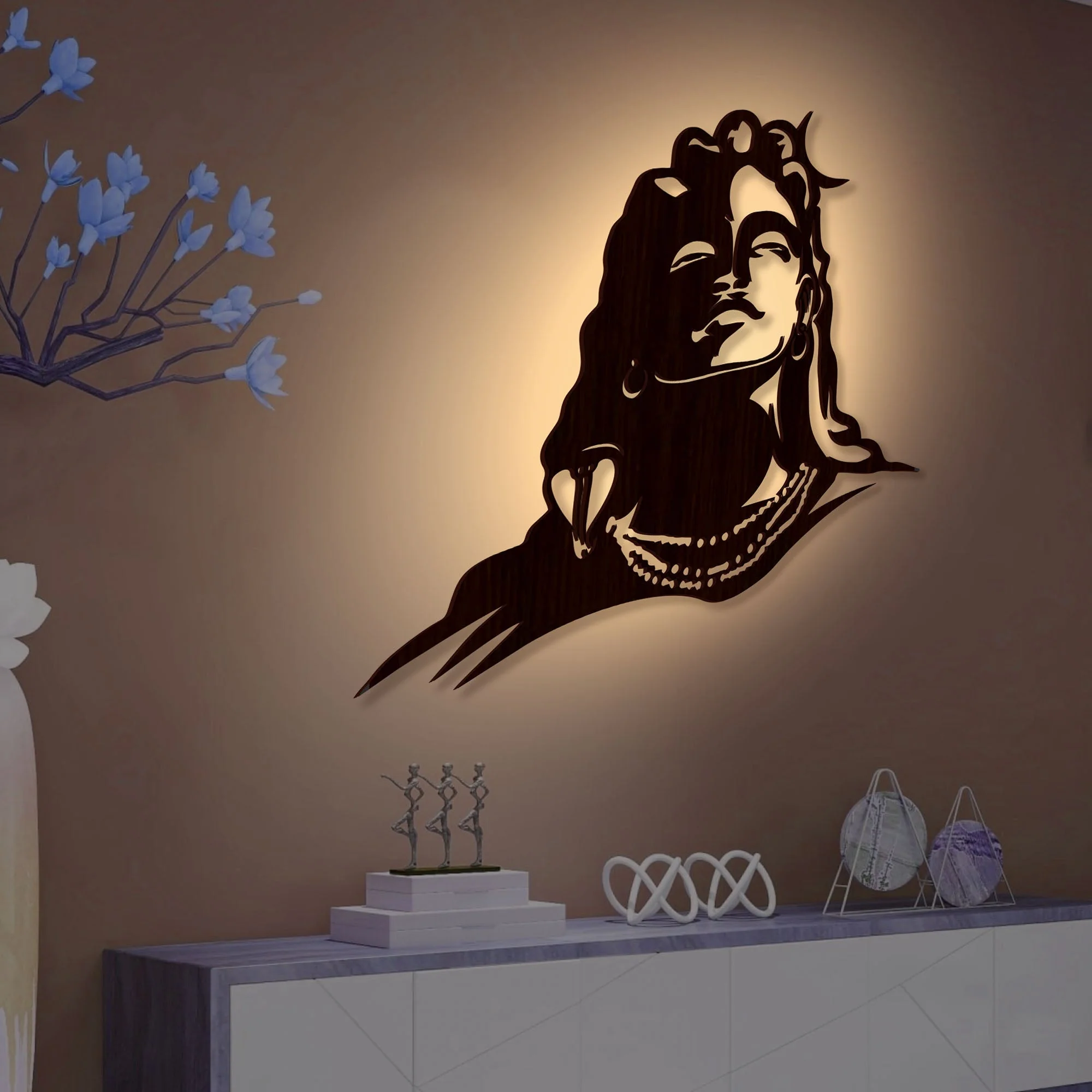 Adiyogi Lord Shiva Premium Backlit Design Wooden Wall Hanging with LED Night Light Walnut Finish - Image 2