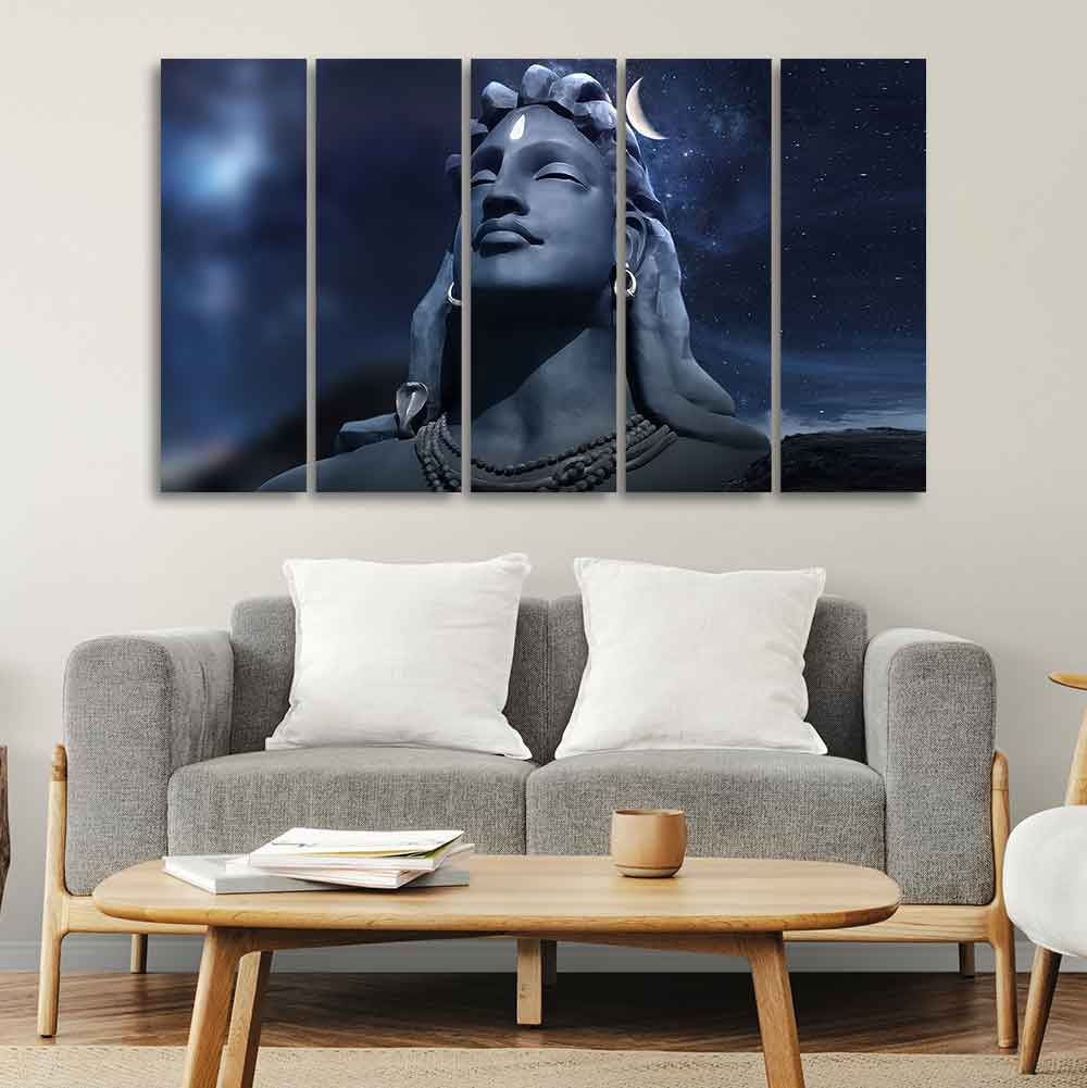 Adiyogi Shiva Statue Canvas Wall Painting of Five Pieces - Image 3
