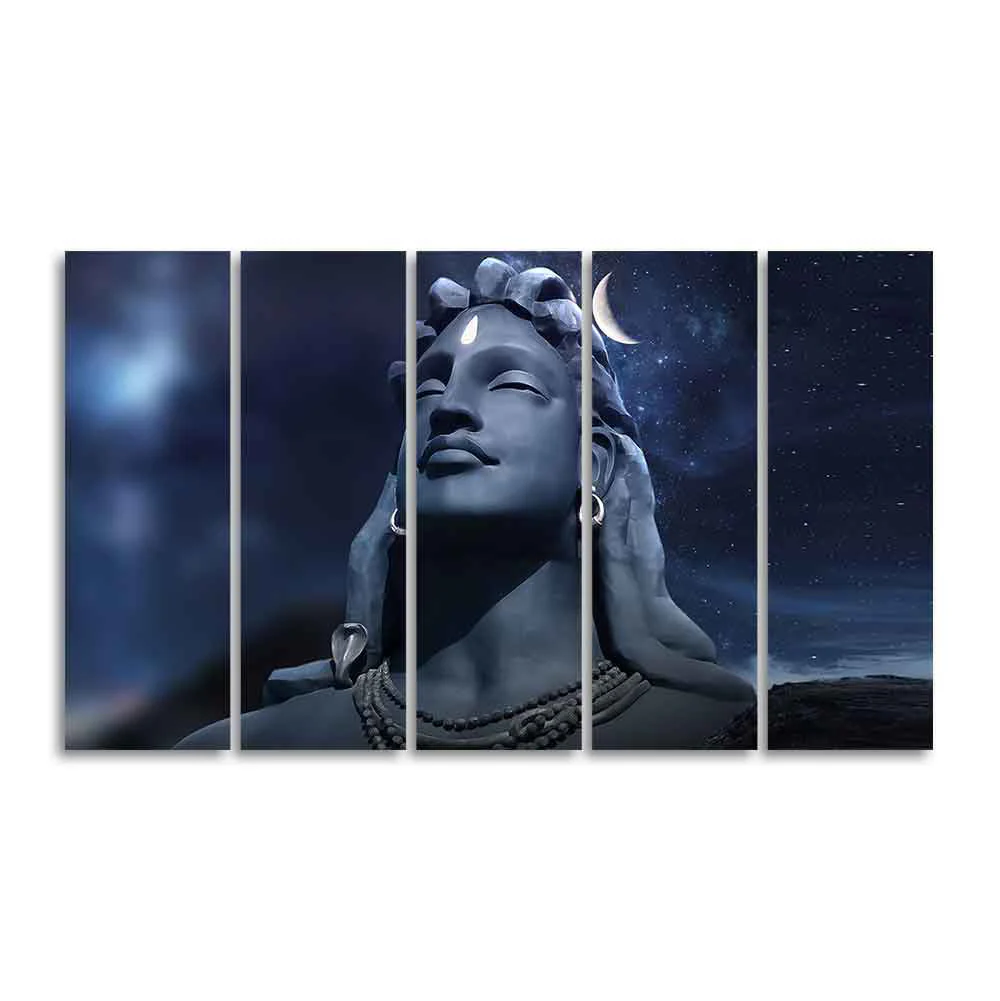 Adiyogi Shiva Statue Canvas Wall Painting of Five Pieces - Image 4